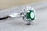 18k White Gold Natural Emerald Oval Diamond Halo Band Engagement Ring