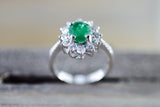 18k White Gold Natural Emerald Oval Diamond Halo Band Engagement Ring