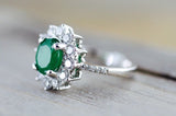 18k White Gold Natural Emerald Oval Diamond Halo Band Engagement Ring