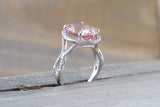 18k White Gold Oval Cut Morganite Peach Champagne Beige Diamond Halo Engagement Ring Vintage Twist Vine Checkerboard 14mm Split Shank