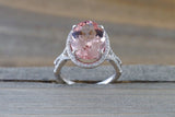 18k White Gold Oval Cut Morganite Peach Champagne Beige Diamond Halo Engagement Ring Vintage Twist Vine Checkerboard 14mm Split Shank
