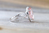 18k White Gold Oval Cut Morganite Peach Champagne Beige Diamond Halo Engagement Ring Vintage Twist Vine Checkerboard 14mm Split Shank