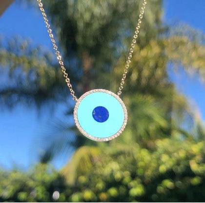 14k Gold Circle Disk Round Micro Pave Diamond Dainty Pendant Evil Eye Coin